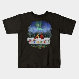 Red Cardinals and Christmas Lights Holiday Scene Kids T-Shirt